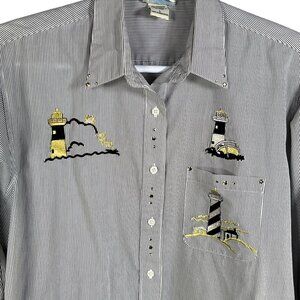 Las Olas Women Shirt L Lighthouse Embroidered Rhinestones Striped Nautical Artsy